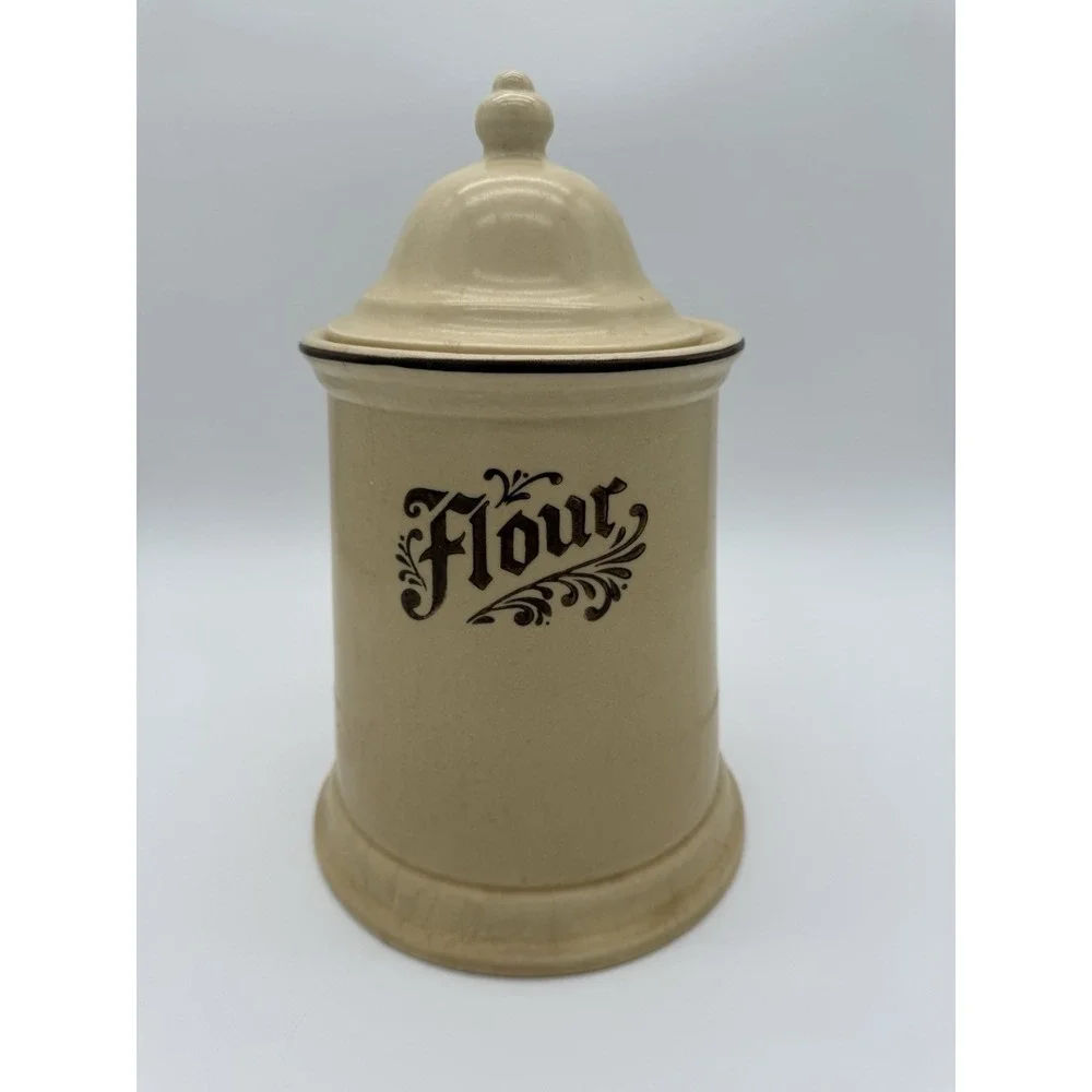 Pfaltzgraff Stoneware Flour Canister with Lid Tan Color Village Pattern Vintage
